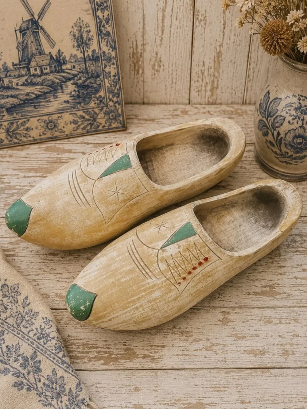 Vintage Large Hand Painted Dutch Wooden Shoes Collectible